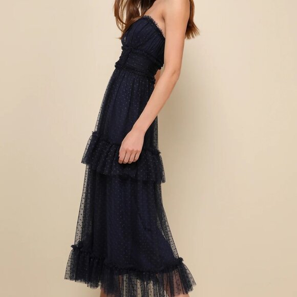 Delightful Bliss Navy Mesh Swiss Dot Strapless Midi Dress - Picture 2 of 4